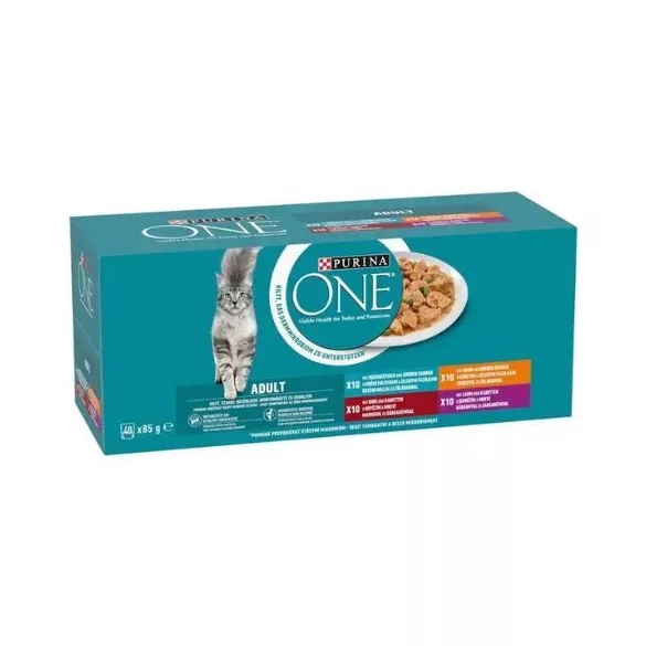 Purina ONE Adult Cu pui cu vită cu miel cu pește de mare hrană umedă pentru pisici 40x85g