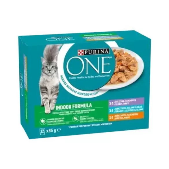 Purina ONE Indoor Cu pui cu vițel cu ton hrană umedă pentru pisici 12x85g