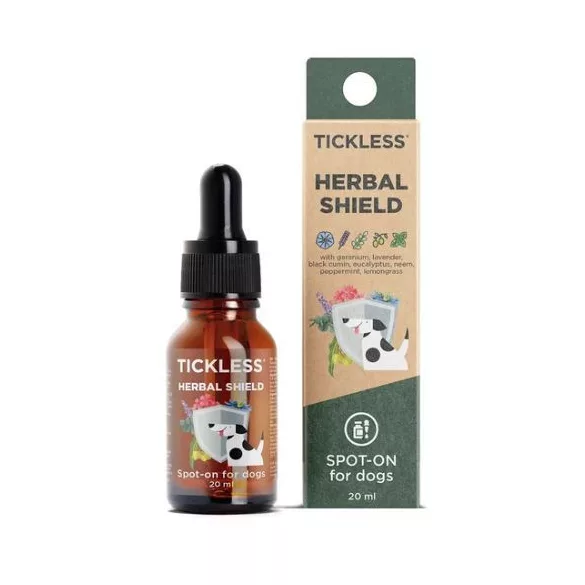 Tickless Herbal Shield Spot‑on – 100% amestec natural de uleiuri esențiale, 20 ml pentru câini