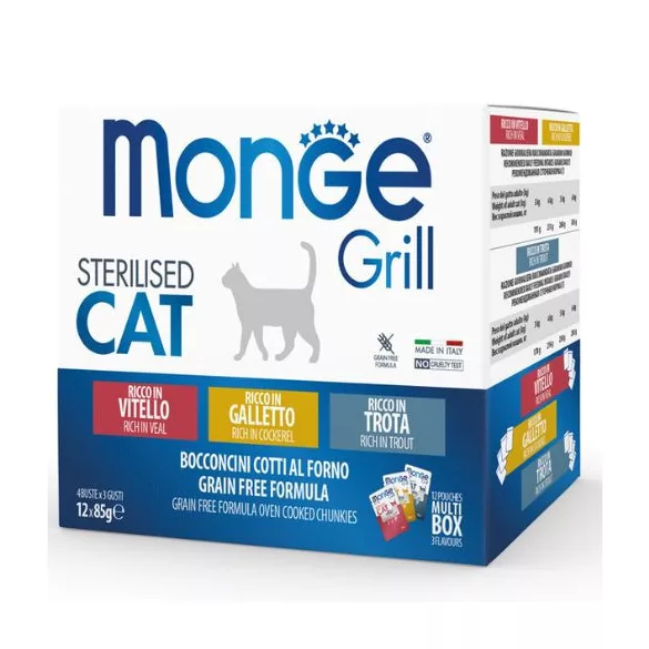 Monge Cat Grill Multibox Steril vițel–cocoș–păstrăv 12x85g