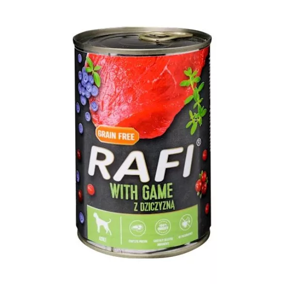 Rafi pate pentru câini cu vânat, afine roșii și albastre conservă