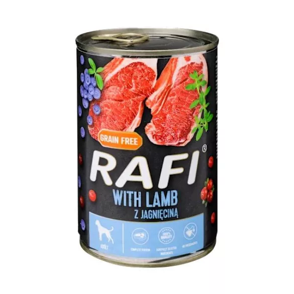 Rafi pate pentru câini cu miel, afine roșii și albastre, conservă