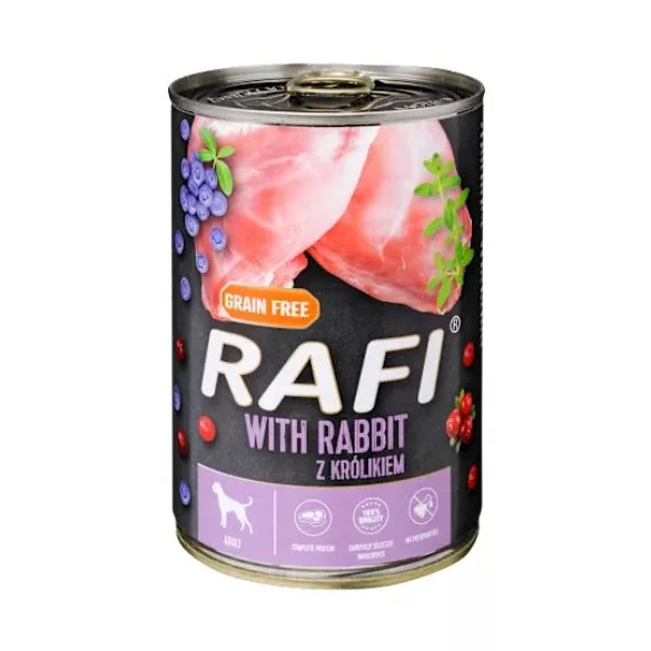 Rafi pate pentru câini cu iepure, afine roșii și albastre conservă