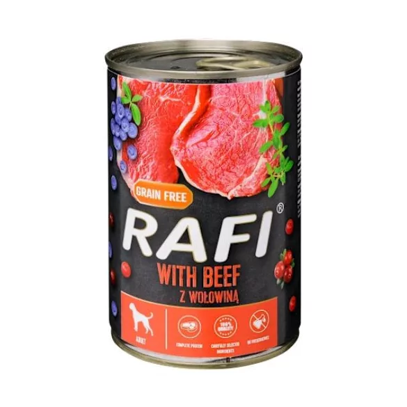 Rafi pate pentru câini cu vită, afine roșii și albastre, conservă