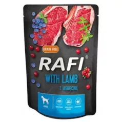   Pate pentru câini Rafi miel, afine roșii și albastre plic 300g