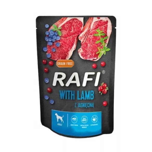 Pate pentru câini Rafi miel, afine roșii și albastre plic 300g