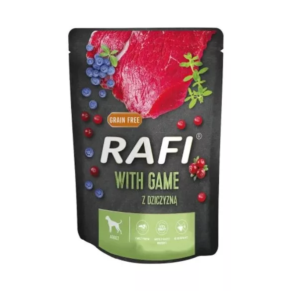 Rafi pastă pentru câini cu carne de vânat, afine roșii și albastre plic 300g