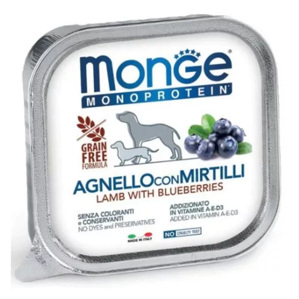 Monge Dog Monoprotein Fruits Paté cu miel și afine 12x150g