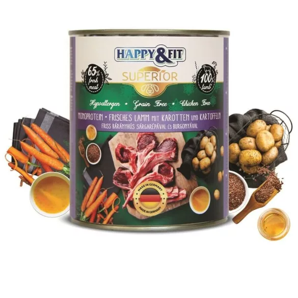Happy&Fit Superior 100% Monoprotein - Carne de miel proaspătă cu morcovi și cartofi 6x800g