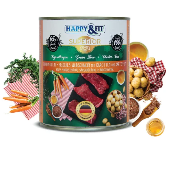 Happy&Fit Superior 100% Monoprotein – Proaspăt wild boar with carrot și with potato 6x800 g