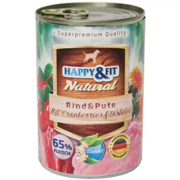Happy&Fit Natural pentru adulți, carne de vită, curcan, afine  6x800g