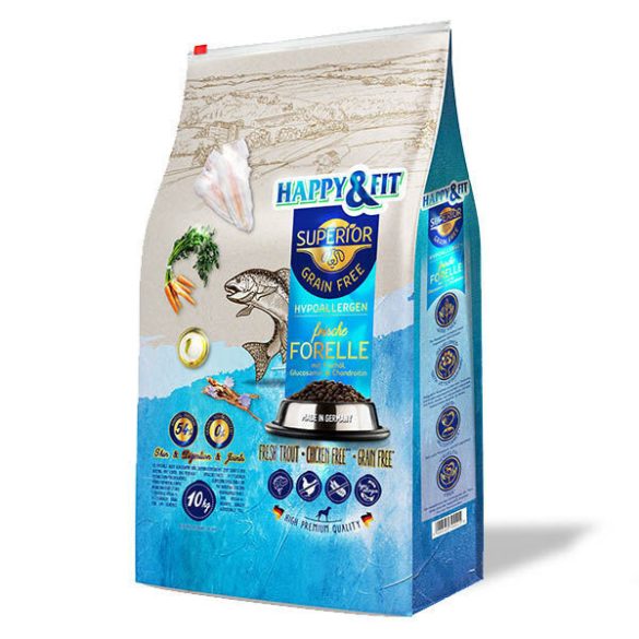 Happy&Fit Superior Grain Free Hypoallergenic (păstrăv, ulei de pește, glucozamină, condroitină) 2x10 kg