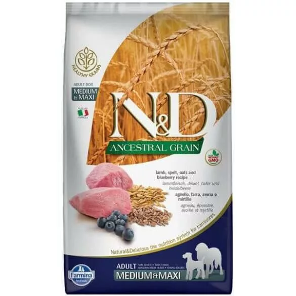 N&D Dog Ancestral Grain pentru câini miel, spelta, ovăz, afine adult med&maxi
