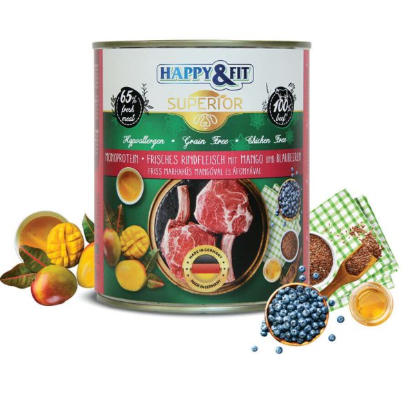 Happy&Fit Superior 100% Monoprotein - Carne de vită proaspătă cu mango și afine 800 g