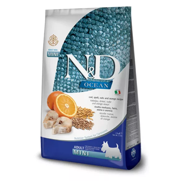 N&D Ocean Dog Cod, spelta, ovăz și portocală pentru adulți mini 7kg