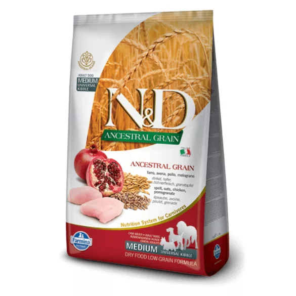 N&D Dog Ancestral Grain de pui, spelta, ovăz și rodie pentru adulți mediu&maxi